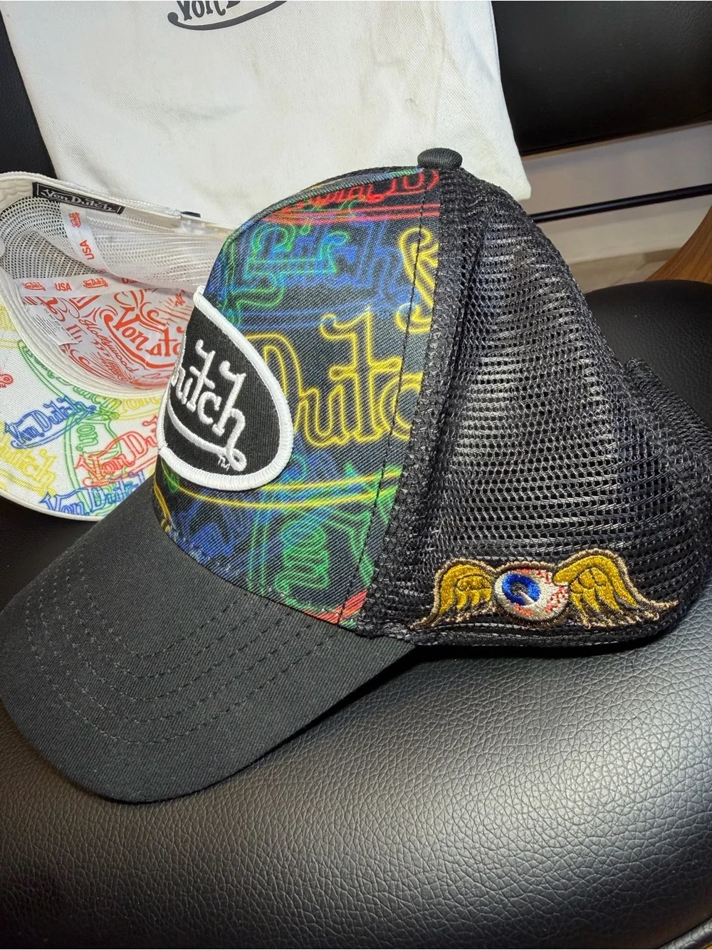 Set Of 2 Von Dutch Flying Eyeball Trucker Hat Black Mesh Snapback Adjustable Cap - Picture 9 of 12